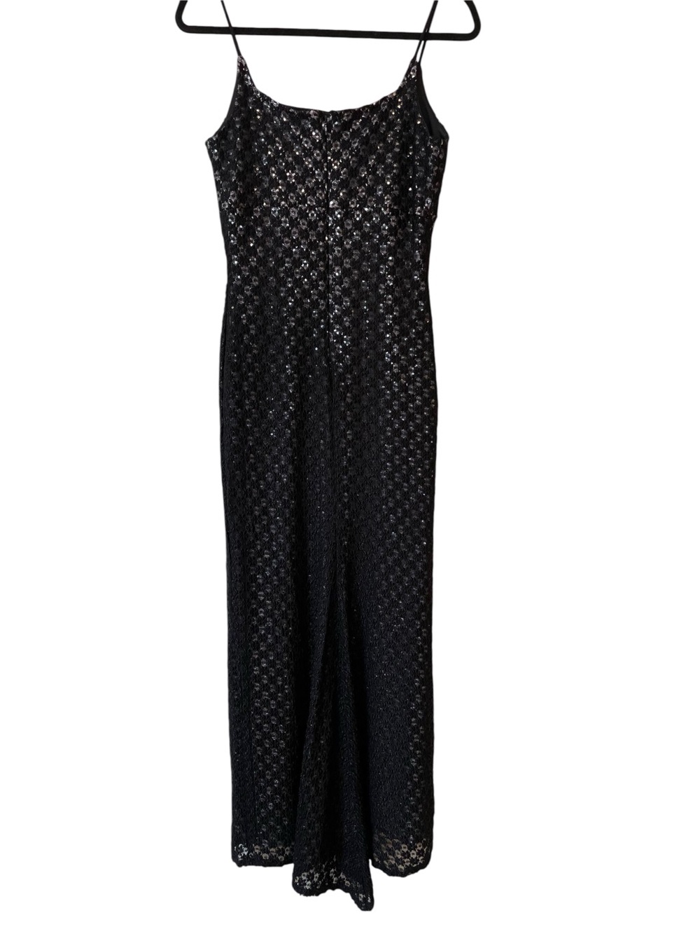 90’s Cache X Jessica McClintock Black Lace Long Formal Gown Silver Underlay VTG